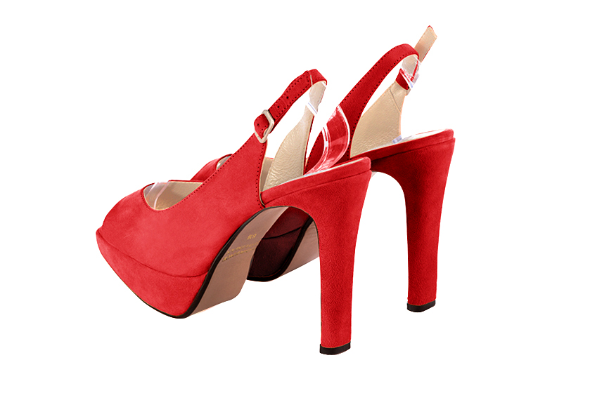 Dress heels peep-toe slingback in scarlet red leather with high slim heels with a platform at the front and round toe - Rear view
